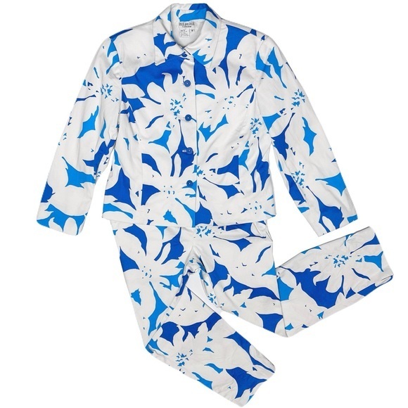 Due Per Due Pantsuit Set White Blue Floral Blazer Trousers Resort Coastal Sz 8